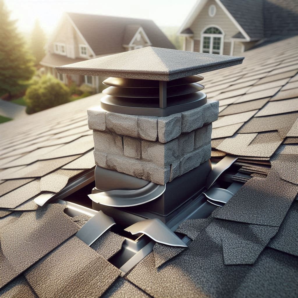 Close-up of bent or detached flashing around a chimney, vent, or skylight.