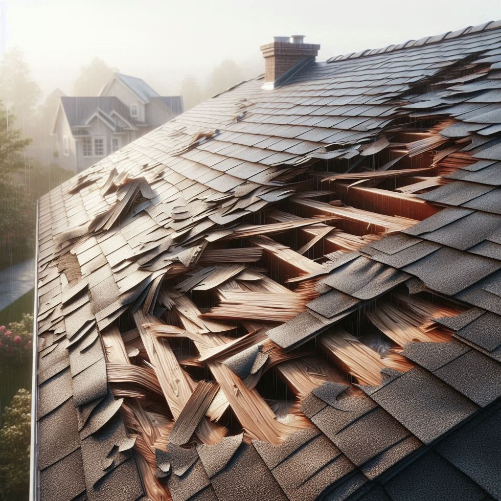 Close-up of a damaged roof with missing and cracked shingles exposing the underlayment