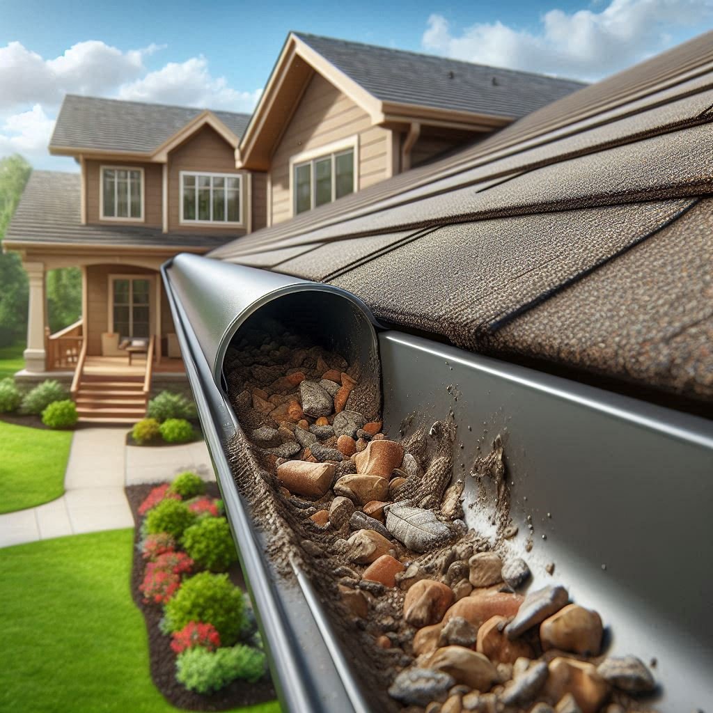 A detached or heavily dented gutter, filled with shingle granules and debris.