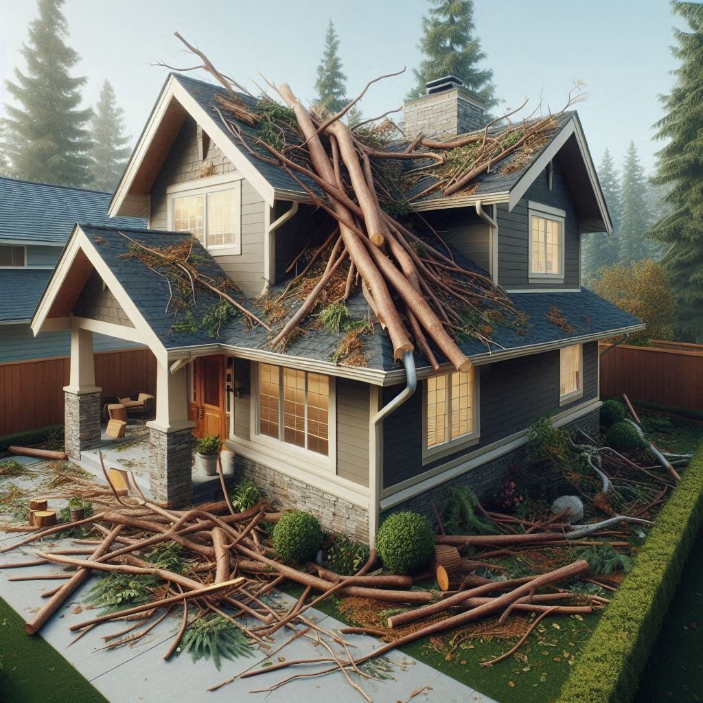 Large tree branches and debris scattered on a residential roof and around the yard